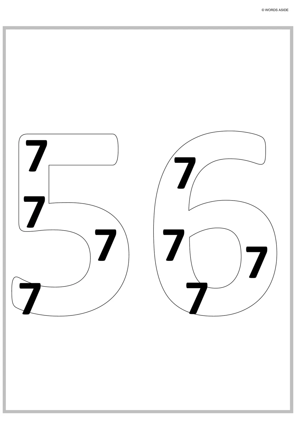 Sevens as repeated addition: large hollow digits of 56 hold eight small 7s, showing eight sevens added make 56