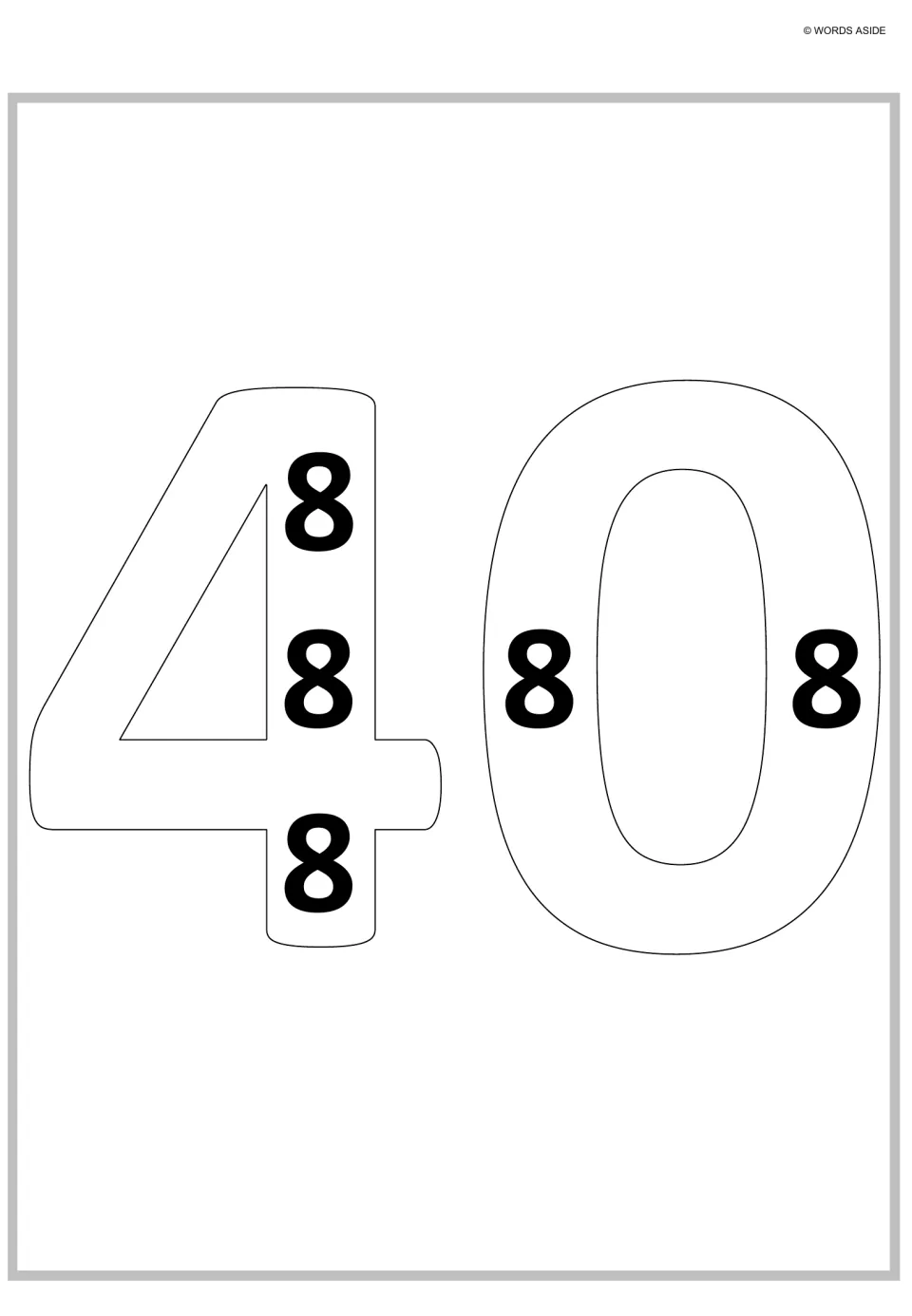 Forty as repeated addition: an outlined 40 holds five bold 8s, letting students count five eights to reach the total