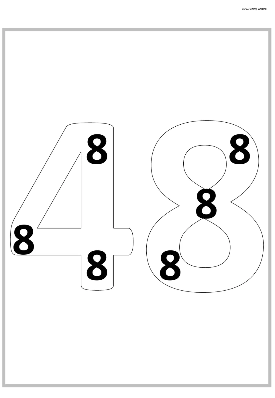Forty-eight as repeated addition: an outlined 48 holds six bold 8s, so students count six groups of eight to the total