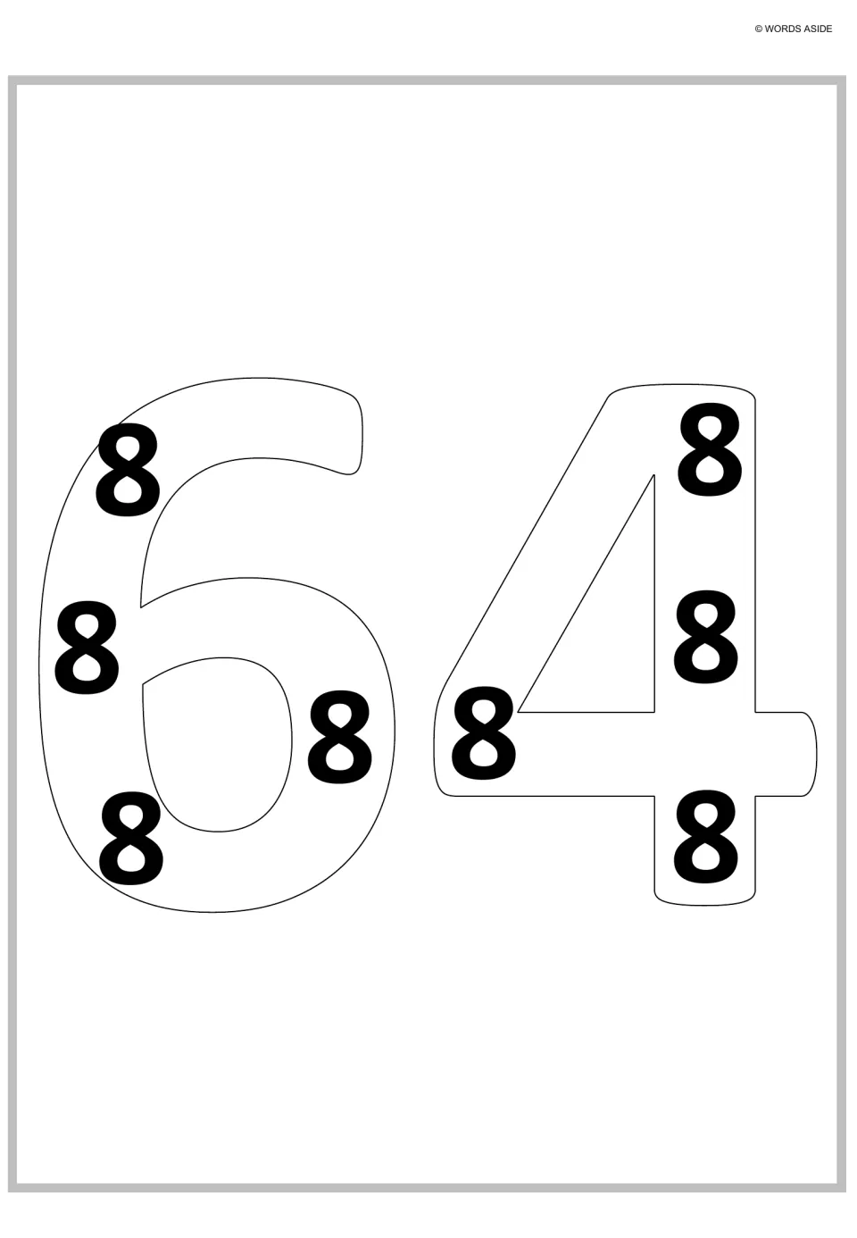 Sixty-four as repeated addition: an outlined 64 holds eight bold 8s, showing students eight groups of eight to count