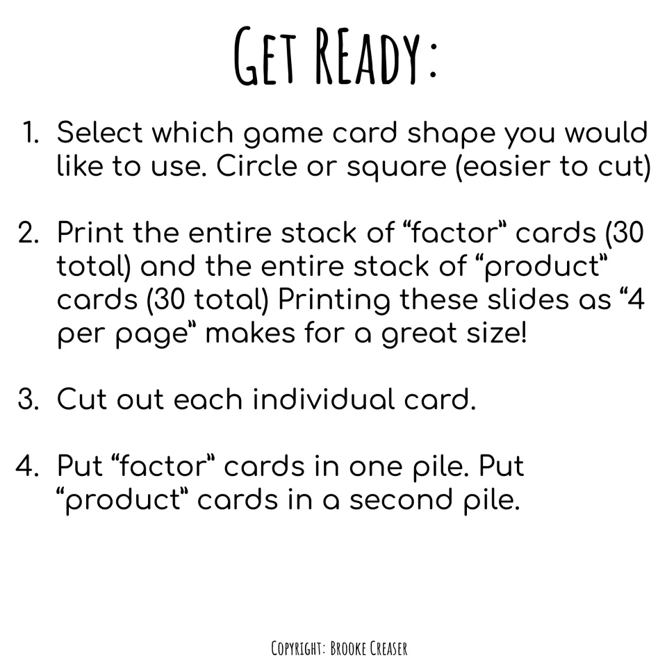 Game preparation directions: choose circle or square cards, print both 30-card stacks, cut, and sort into piles