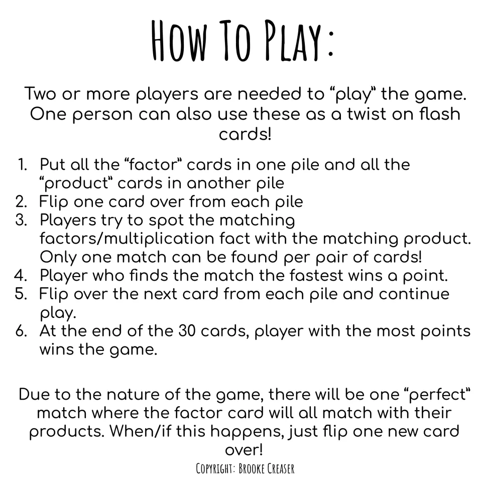 Game rules: flip a factor card and a product card, race to find the match, and earn points over 30 rounds