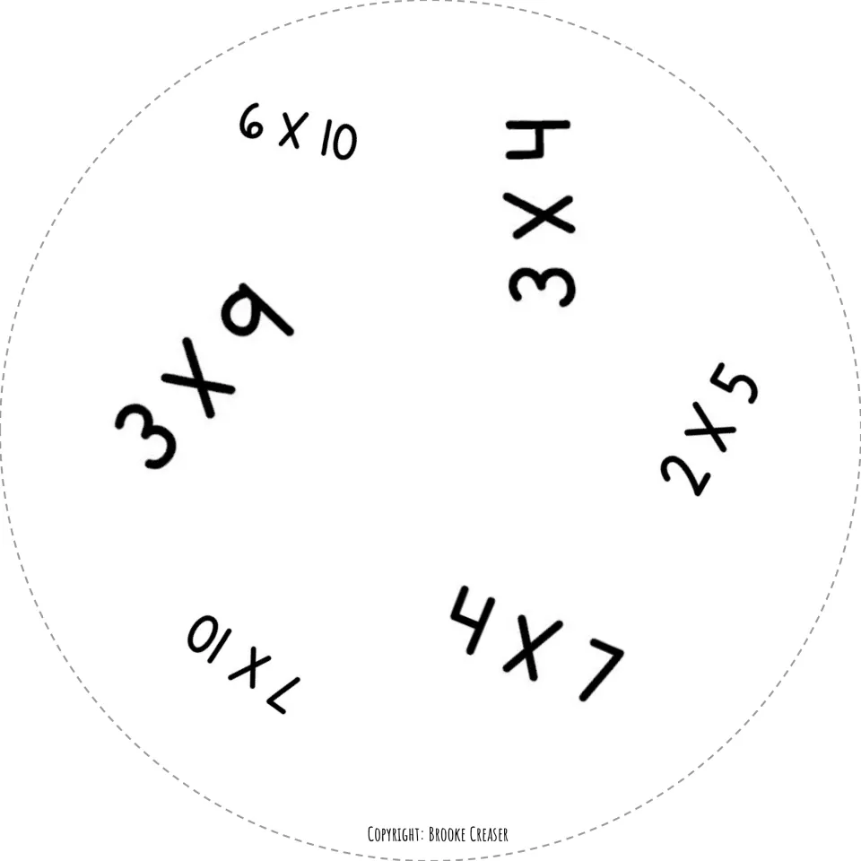 First circle factor card for the matching game: 6 × 10, 3 × 4, 2 × 5, 4 × 7, 7 × 10, and 3 × 9