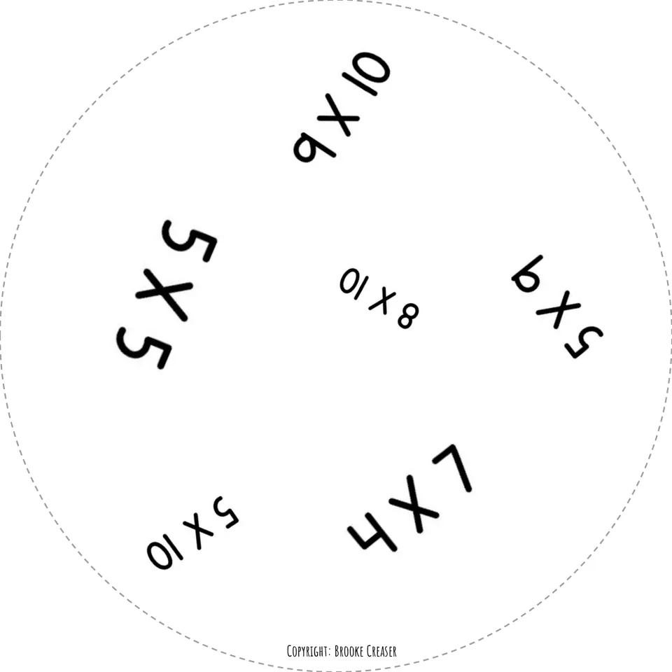 Second circle factor card for the matching game: 9 × 10, 5 × 9, 8 × 10, 4 × 7, 5 × 10, and 5 × 5