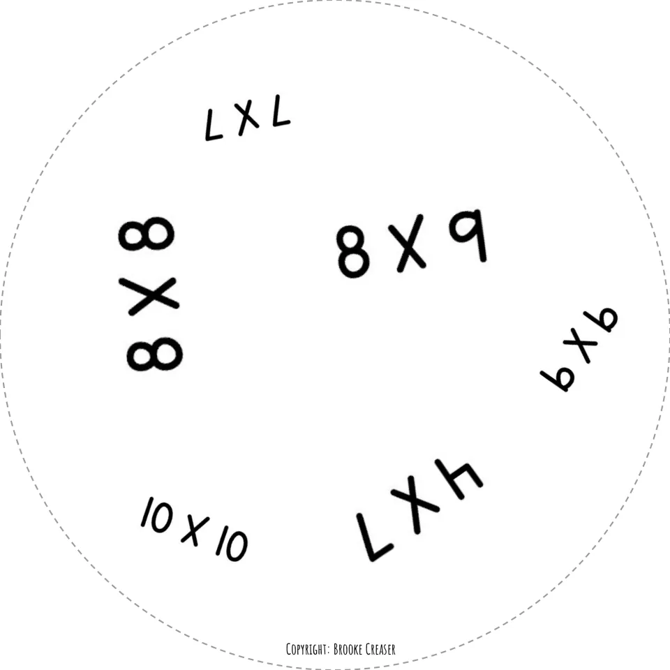 Third circle factor card for the matching game: 7 × 7, 8 × 9, 9 × 9, 4 × 7, 10 × 10, and 8 × 8