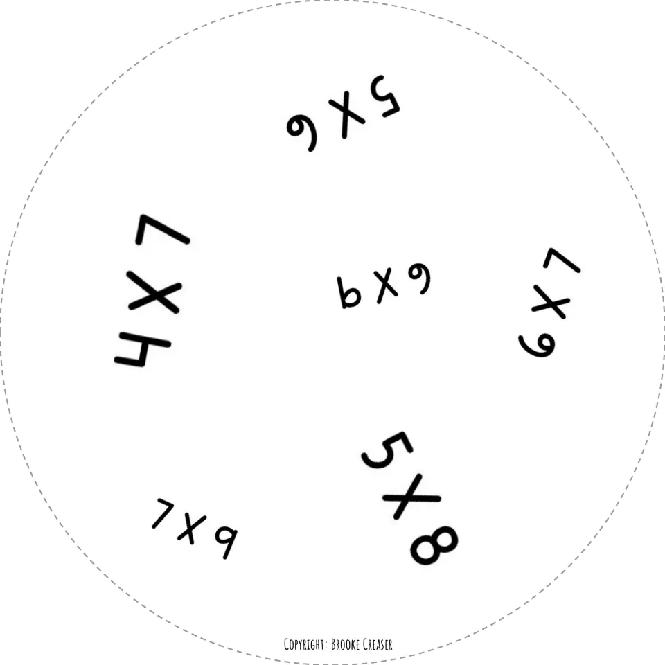 Fourth circle factor card for the matching game: 5 × 6, 6 × 9, 6 × 7, 5 × 8, 7 × 9, and 4 × 7