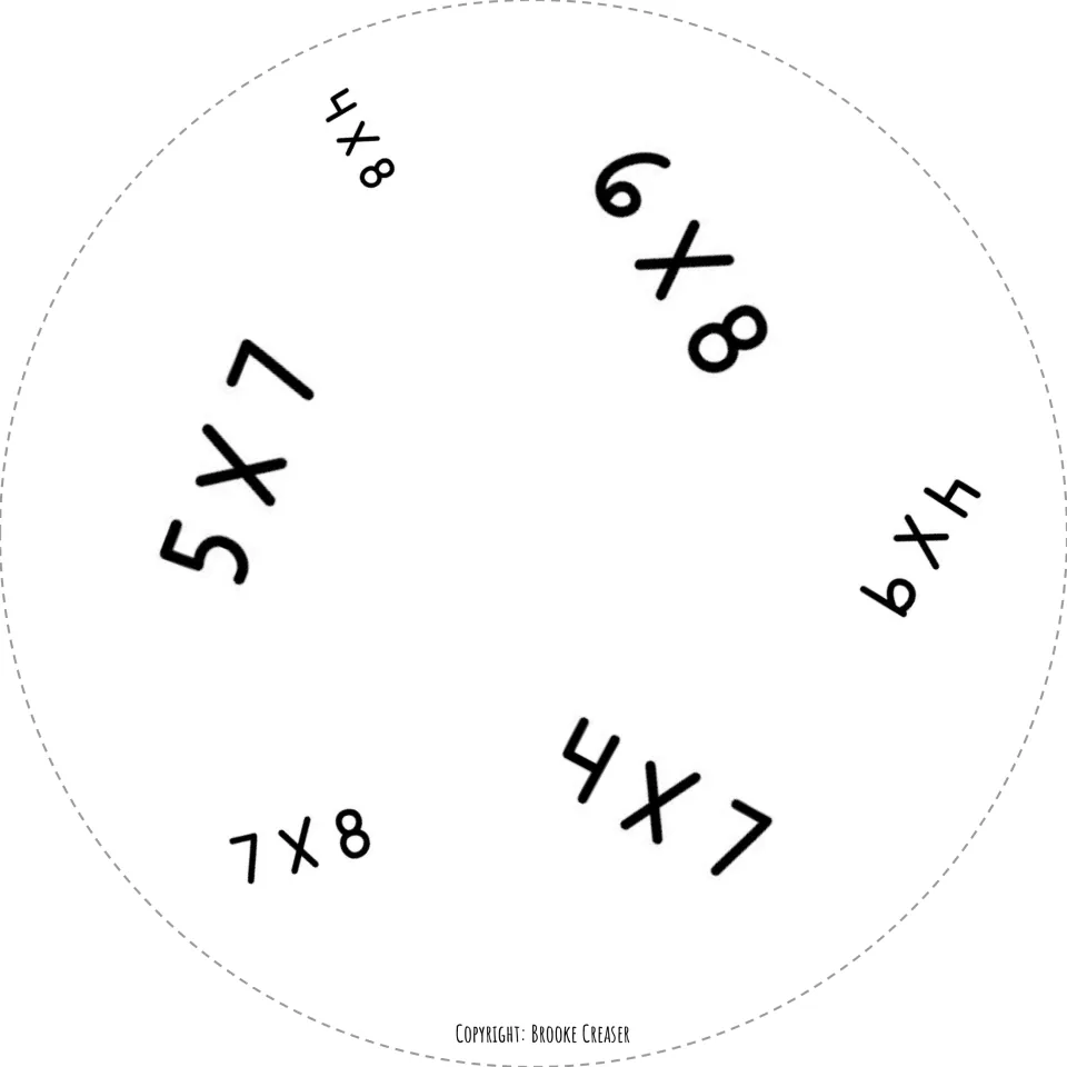 Fifth circle factor card for the matching game: 4 × 8, 6 × 8, 4 × 9, 4 × 7, 7 × 8, and 5 × 7