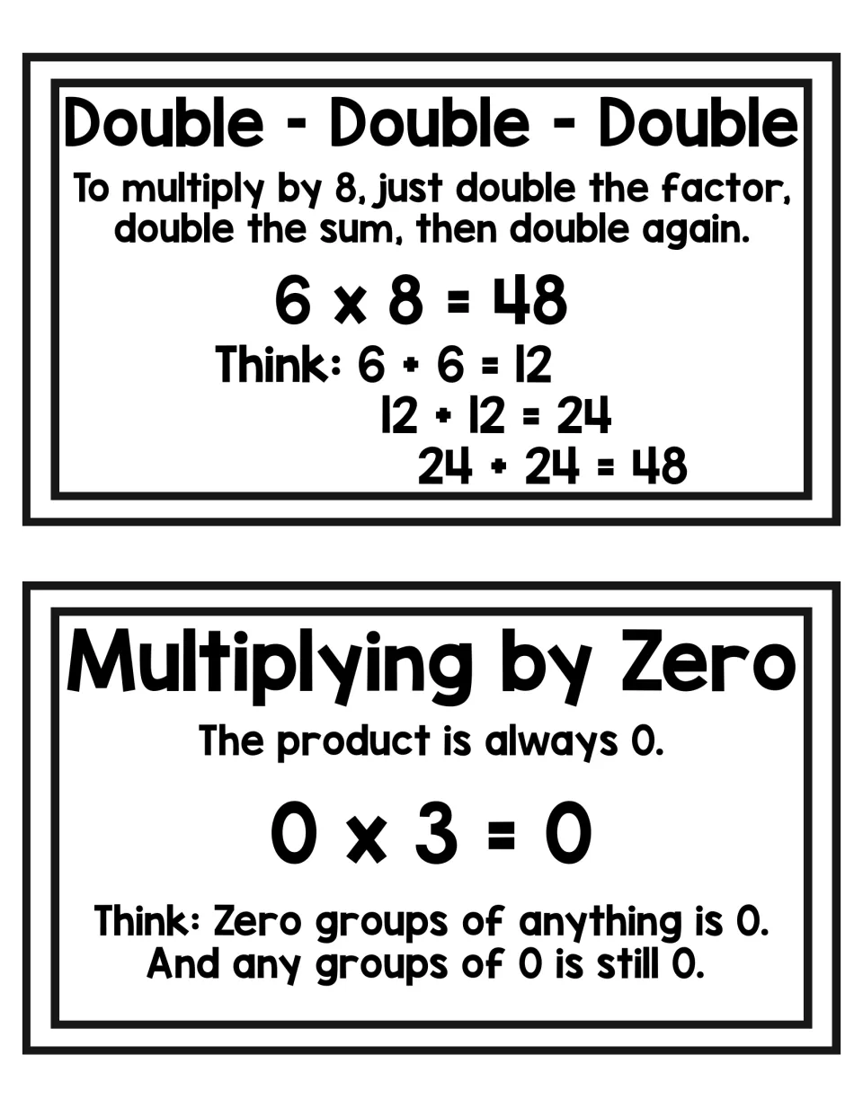 Two cards: Double-Double-Double shows ×8 by doubling three times (6 x 8 = 48); Multiplying by Zero shows 0 x 3 = 0