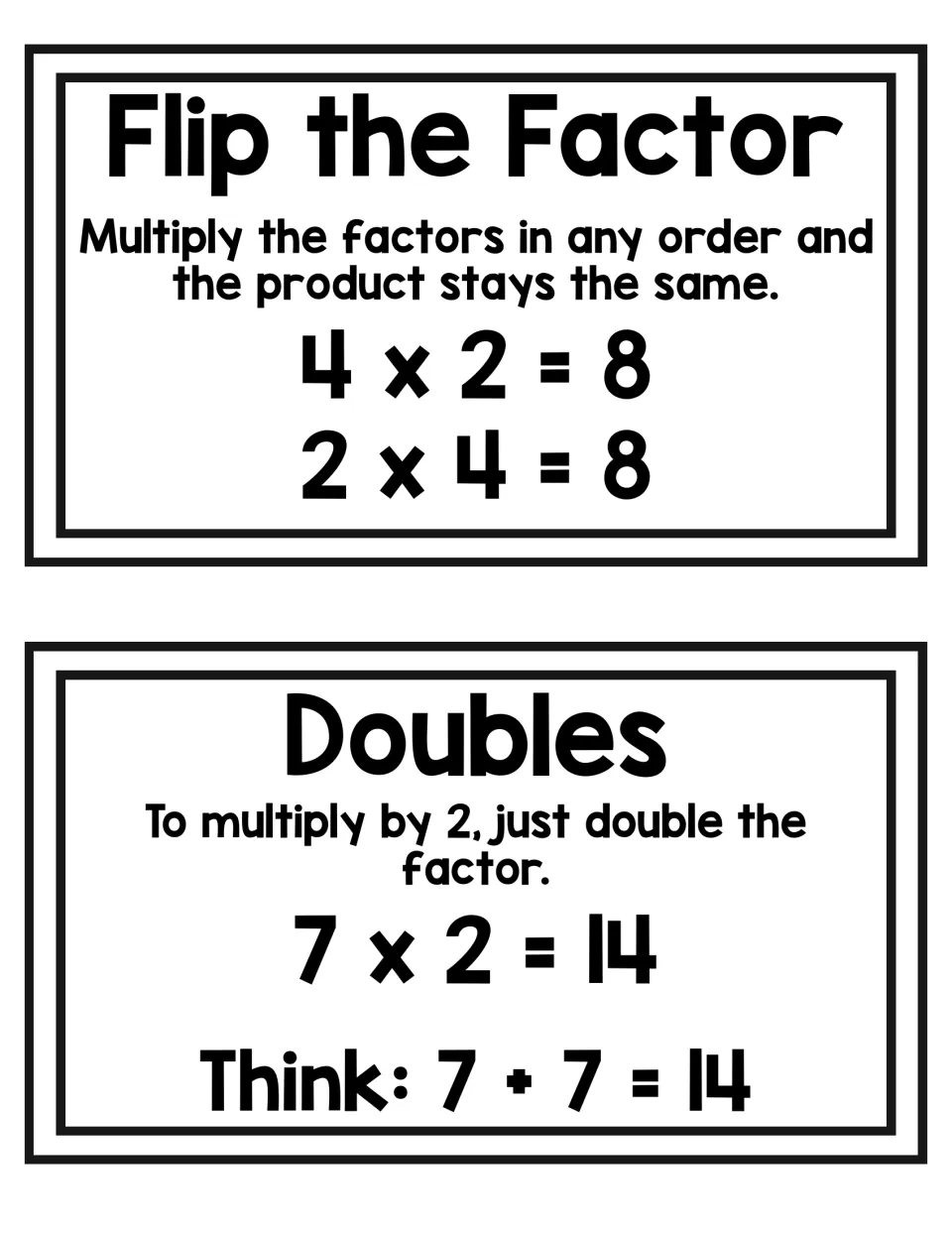 Flip the Factor card shows 4 x 2 and 2 x 4 both equal 8; Doubles card shows ×2 as doubling the factor: 7 + 7 = 14