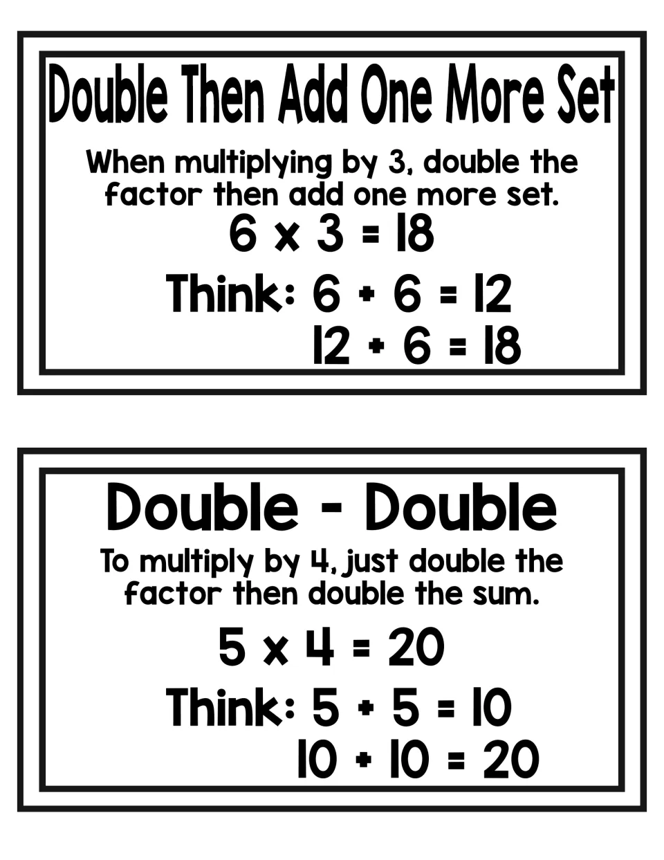 Card for ×3 (double, then add one more set: 6 x 3 = 18) and Double-Double card for ×4 (5 + 5 = 10, 10 + 10 = 20)