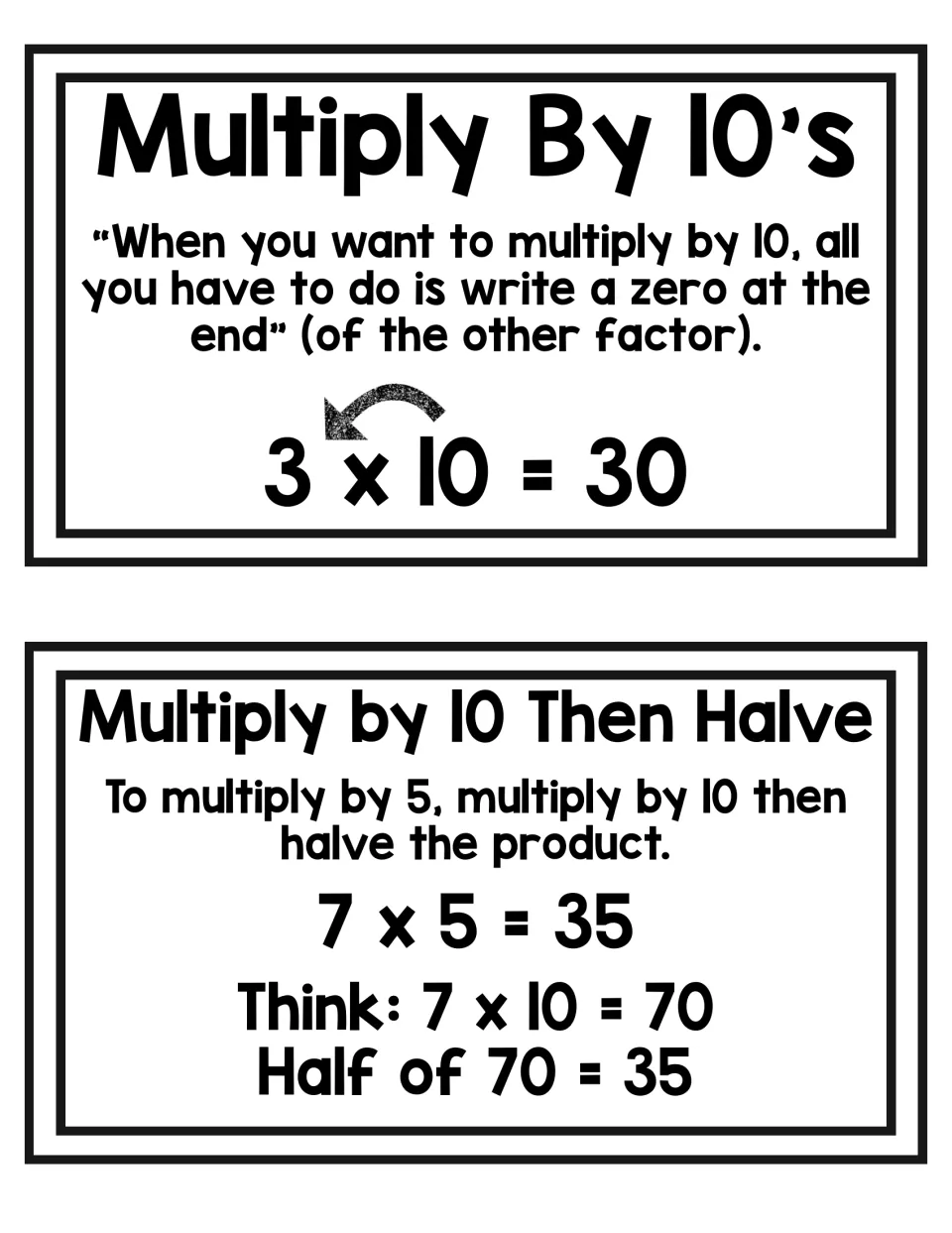 Multiply By 10's card (write a zero at the end: 3 x 10 = 30) and ×5 card: multiply by 10 then halve, so 7 x 5 = 35