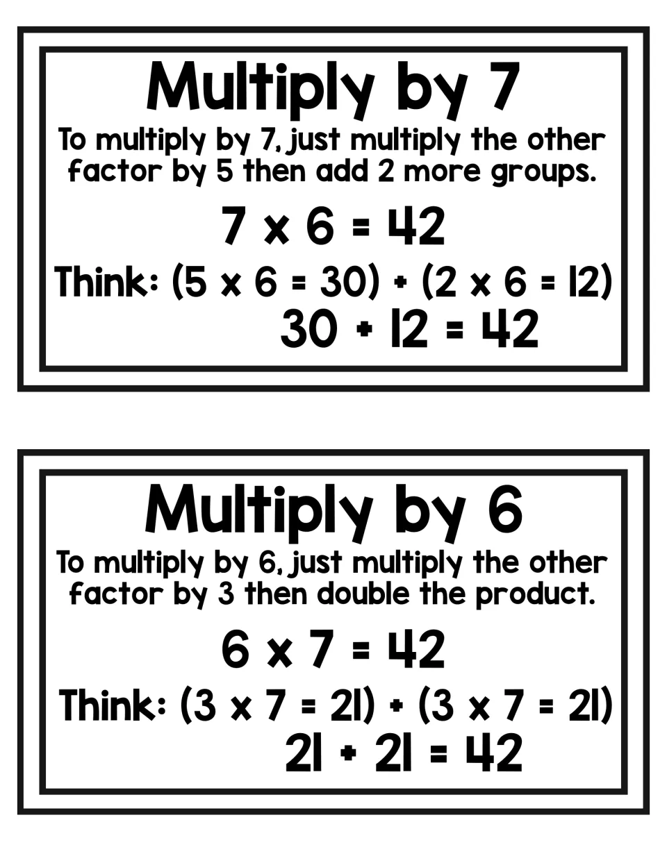 Multiply by 7 card splits 7 x 6 into 5 x 6 plus 2 x 6; Multiply by 6 card doubles 3 x 7 to reach 42 in both examples