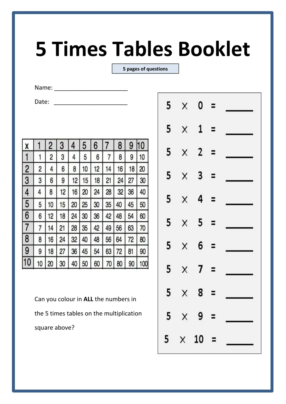 5 Times Tables Booklet cover: students fill in 5 x 0 to 5 x 10 and colour the 5s on a 10 x 10 multiplication square
