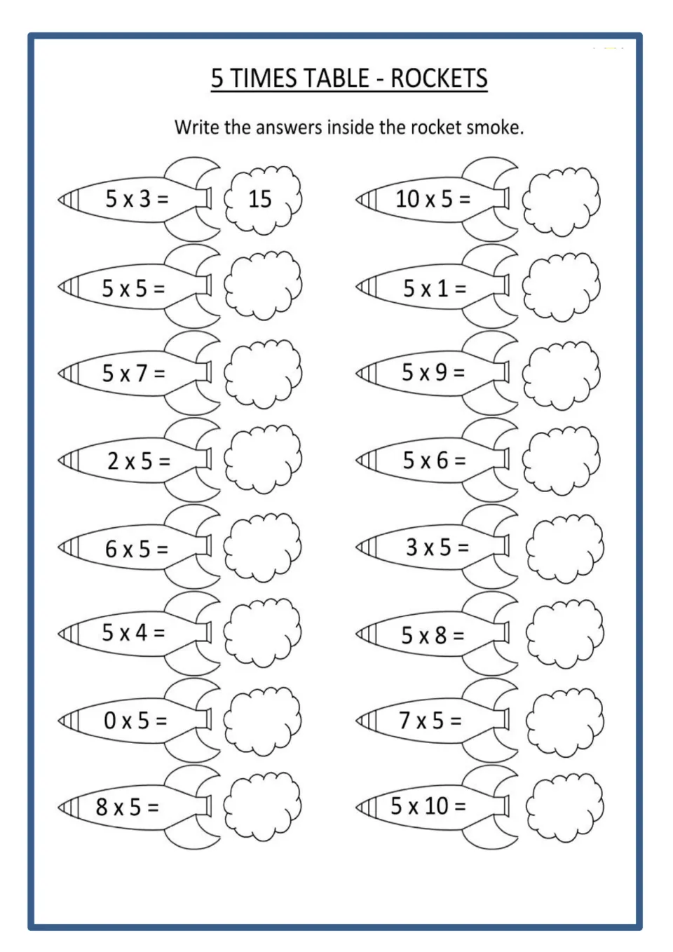 5 times table rockets: students write answers to 16 facts like 5 x 7 in the smoke clouds, with 5 x 3 = 15 modelled