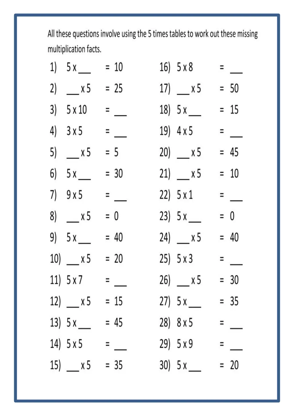 Missing multiplication facts: students use the 5 times table to complete 30 items like 5 x __ = 10 and 9 x 5 = __