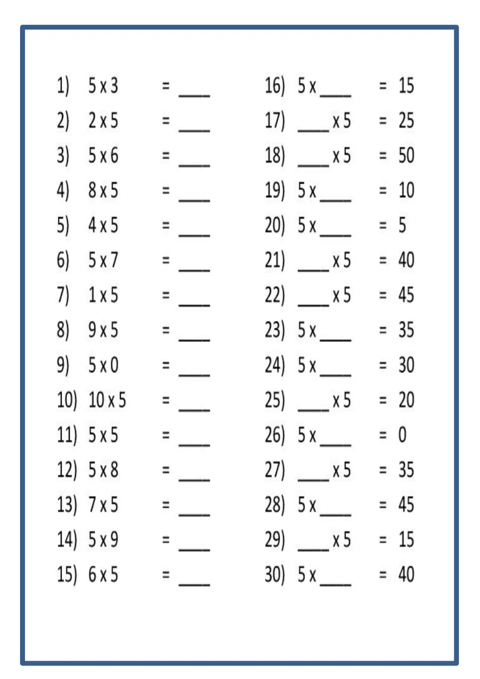 5 times table review: students find 15 products such as 10 x 5 and solve 15 missing-factor items like __ x 5 = 25