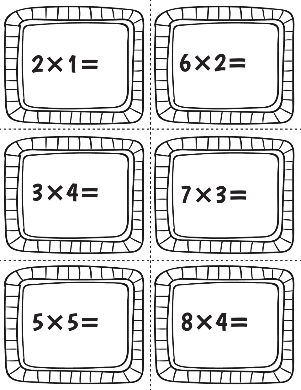 Multiplication task card sheet featuring six facts to solve: 2 × 1, 6 × 2, 3 × 4, 7 × 3, 5 × 5, and 8 × 4.
