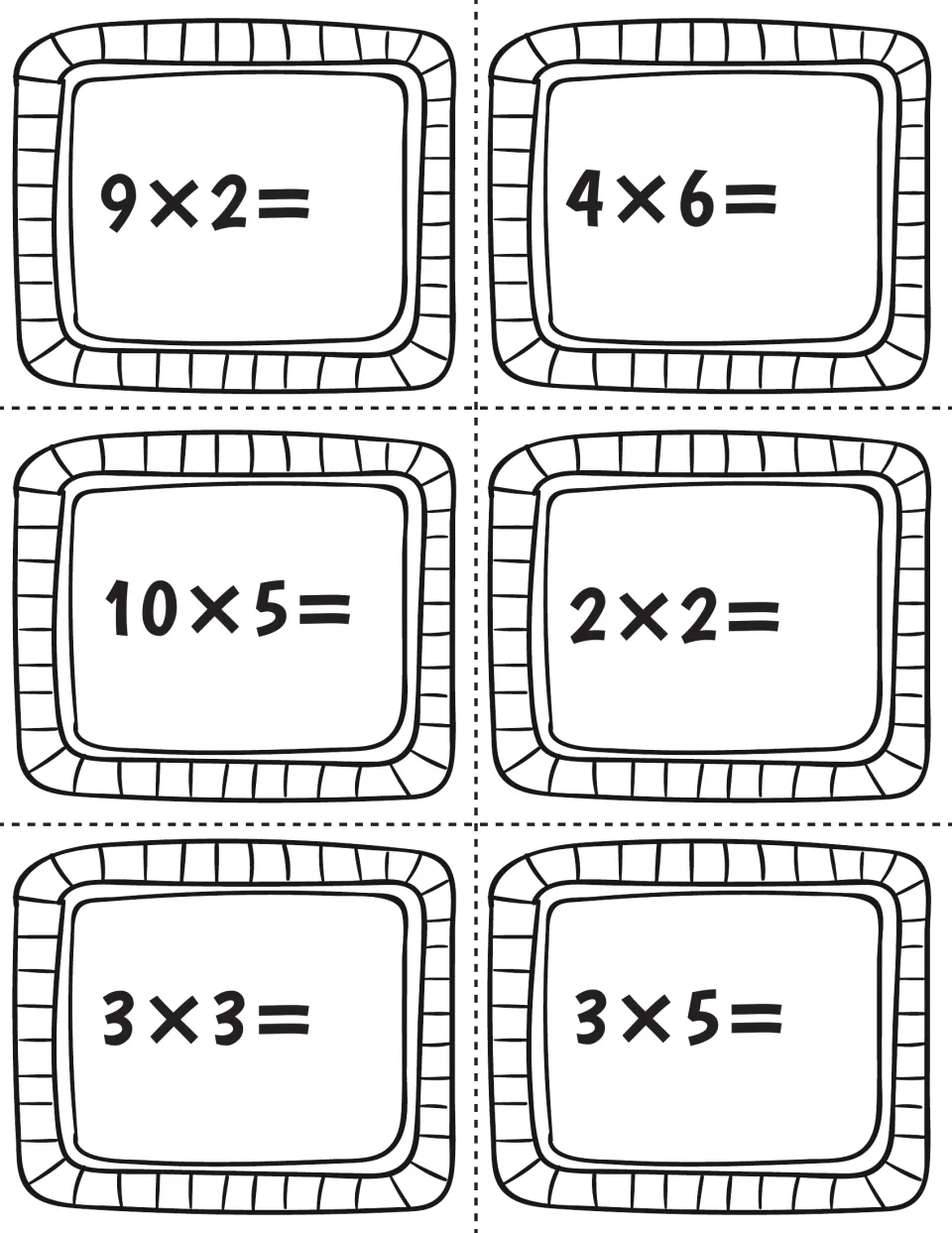 Multiplication task card sheet featuring six facts to solve: 9 × 2, 4 × 6, 10 × 5, 2 × 2, 3 × 3, and 3 × 5.