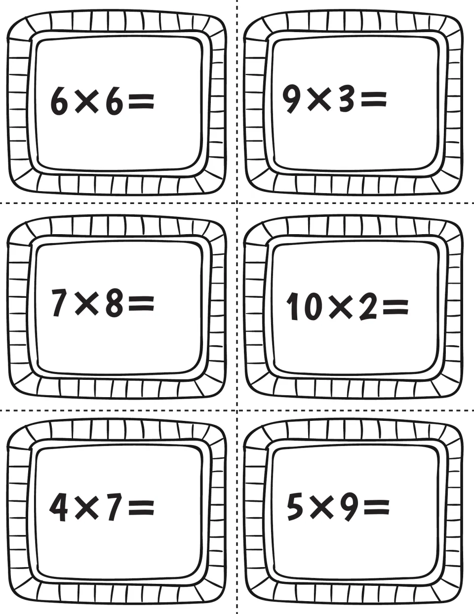 Multiplication task card sheet featuring six facts to solve: 6 × 6, 9 × 3, 7 × 8, 10 × 2, 4 × 7, and 5 × 9.
