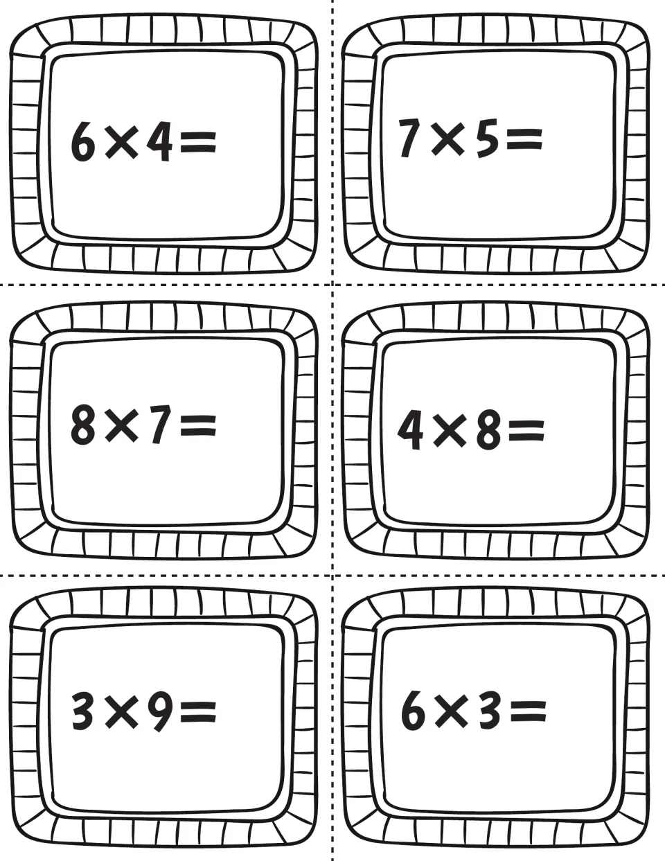 Multiplication task card sheet featuring six facts to solve: 6 × 4, 7 × 5, 8 × 7, 4 × 8, 3 × 9, and 6 × 3.