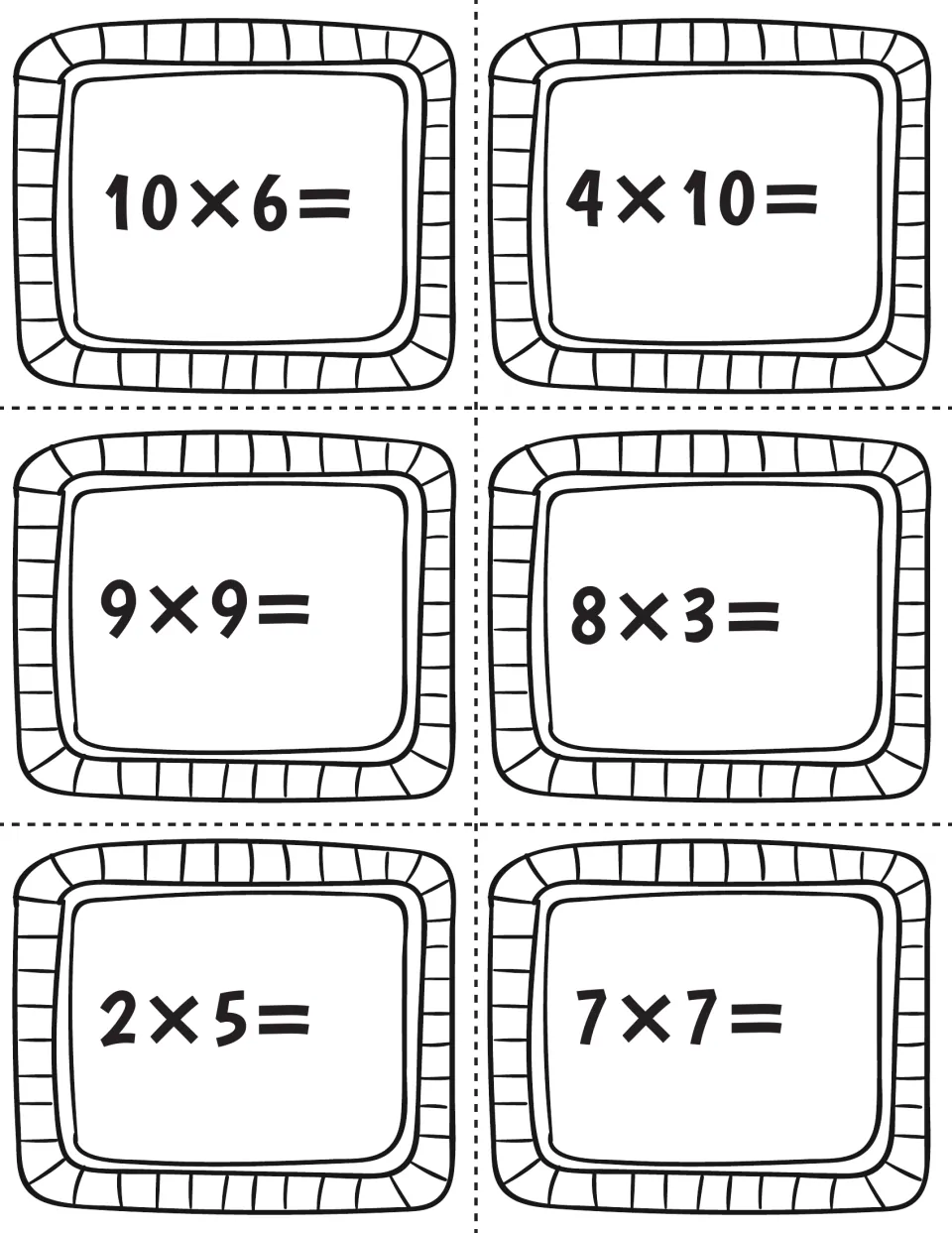Multiplication task card sheet featuring six facts to solve: 10 × 6, 4 × 10, 9 × 9, 8 × 3, 2 × 5, and 7 × 7.