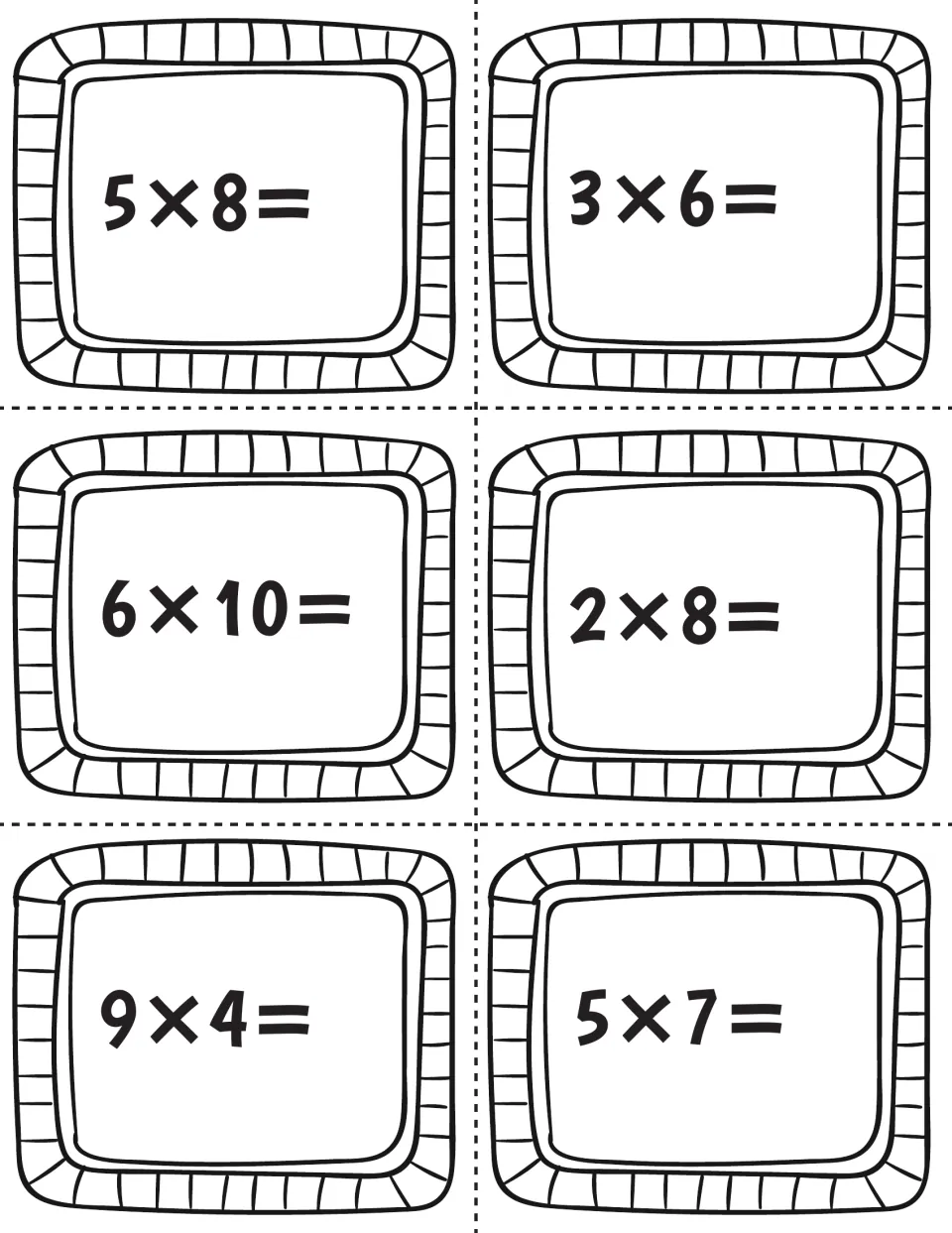 Multiplication task card sheet featuring six facts to solve: 5 × 8, 3 × 6, 6 × 10, 2 × 8, 9 × 4, and 5 × 7.