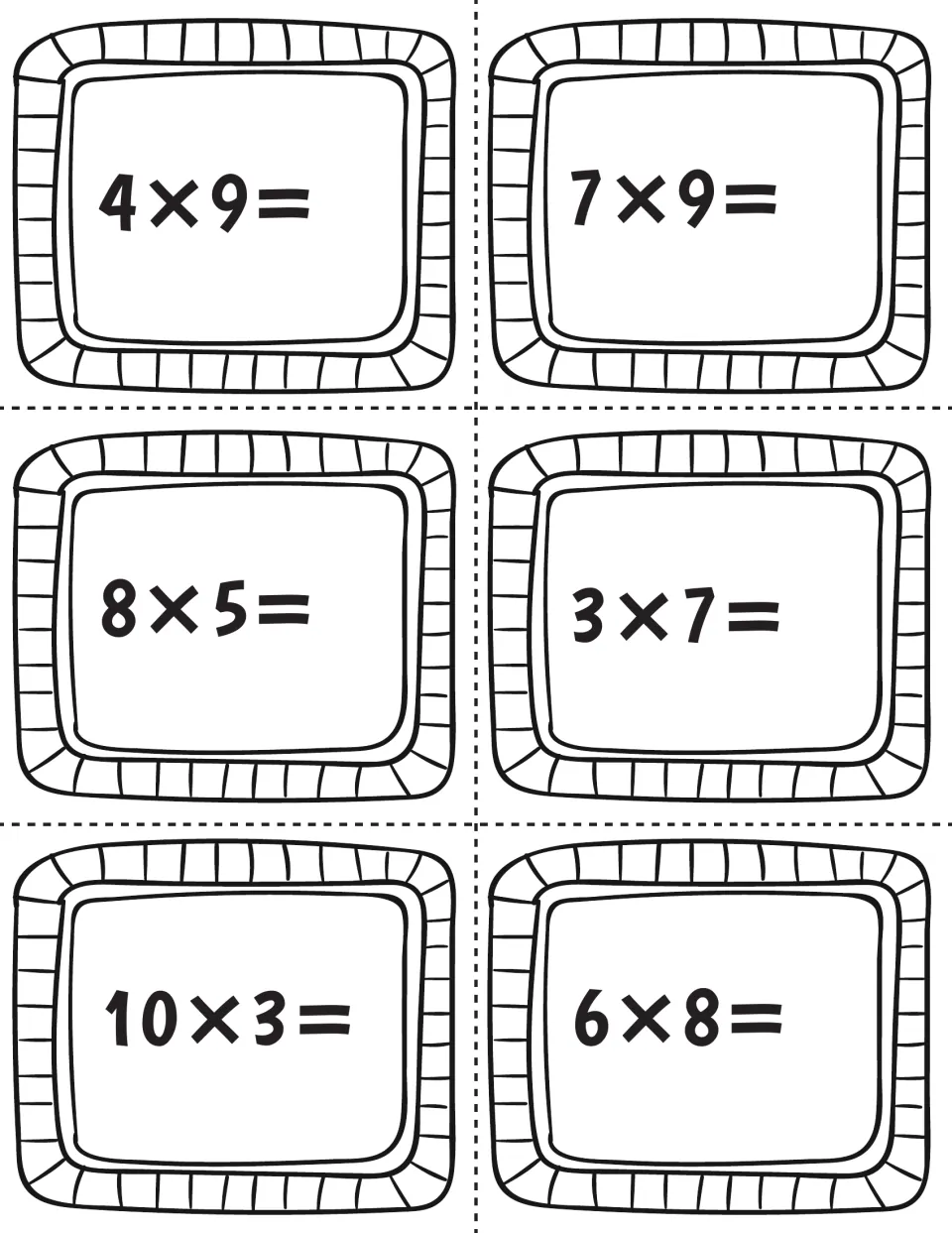 Multiplication task card sheet featuring six facts to solve: 4 × 9, 7 × 9, 8 × 5, 3 × 7, 10 × 3, and 6 × 8.