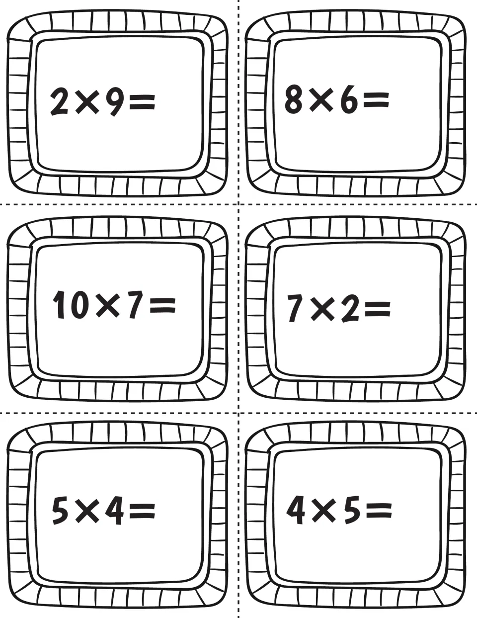 Multiplication task card sheet featuring six facts to solve: 2 × 9, 8 × 6, 10 × 7, 7 × 2, 5 × 4, and 4 × 5.