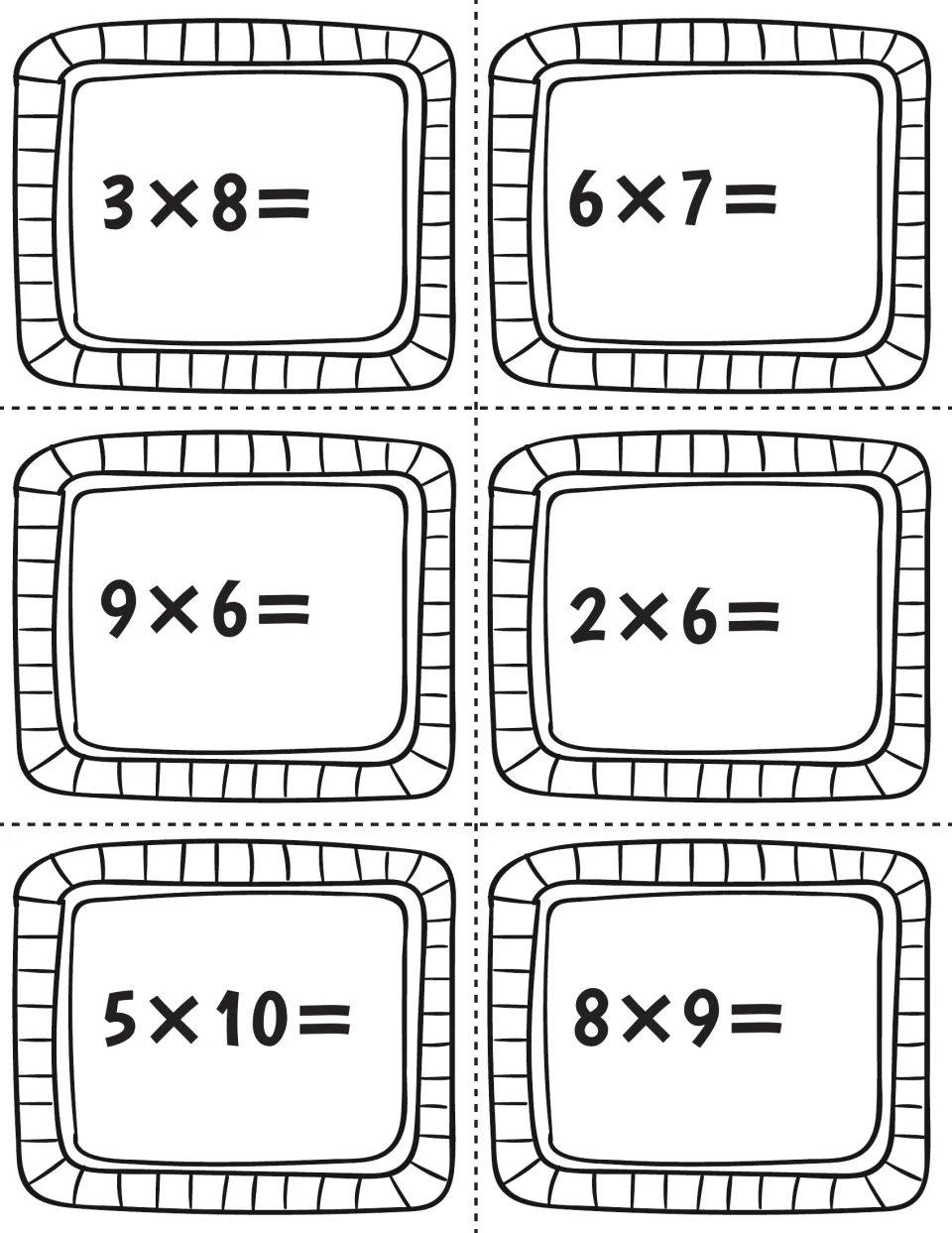 Multiplication task card sheet featuring six facts to solve: 3 × 8, 6 × 7, 9 × 6, 2 × 6, 5 × 10, and 8 × 9.