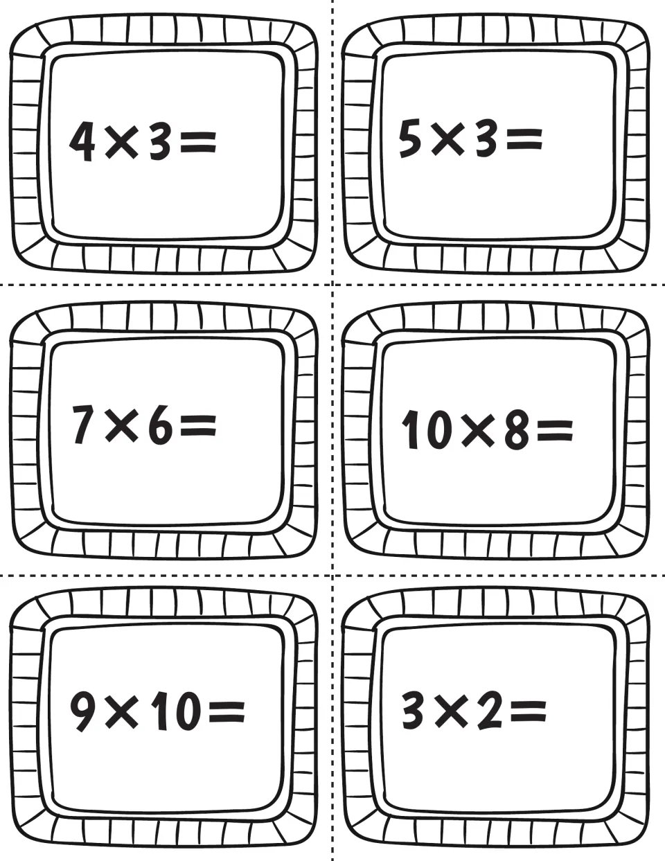 Multiplication task card sheet featuring six facts to solve: 4 × 3, 5 × 3, 7 × 6, 10 × 8, 9 × 10, and 3 × 2.