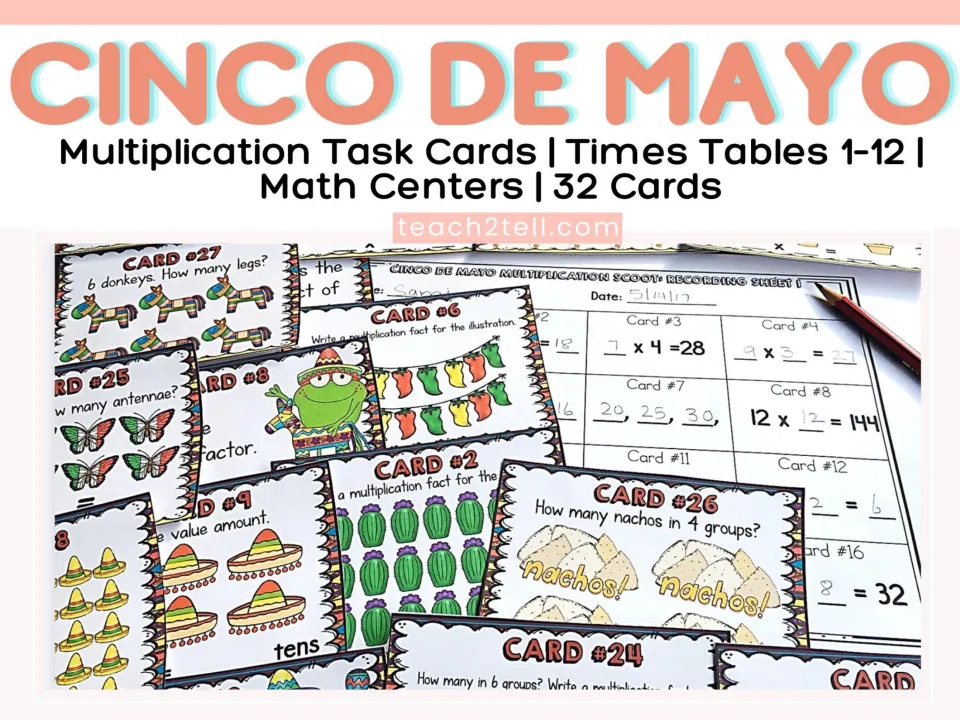 Cinco de Mayo multiplication task cards cover: 32 cards for times tables 1-12 shown with a filled-in recording sheet