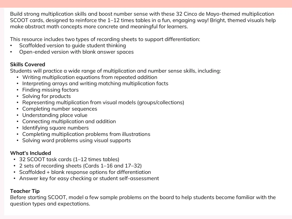 Resource overview listing skills such as arrays, missing factors and square numbers, plus 32 SCOOT cards and answer key