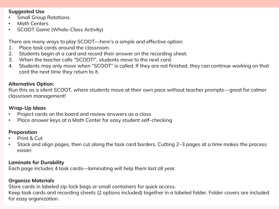 SCOOT directions: post cards around the room, students record answers and move when called; includes prep tips