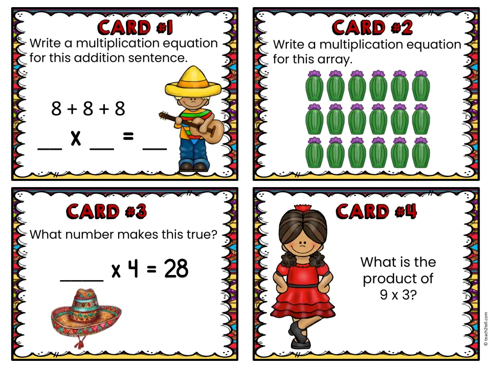 Cards 1-4: students rewrite 8+8+8 as multiplication, use a cactus array, find a missing factor and multiply 9 x 3