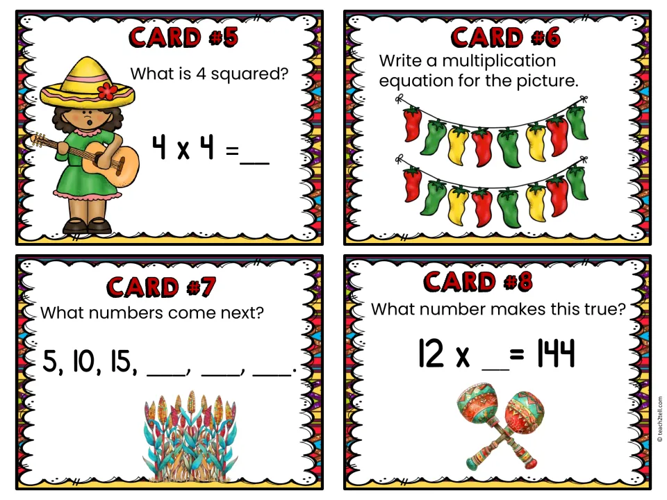 Cards 5-8: students find 4 squared, model chili pepper strings, skip count by 5s and solve 12 x _ = 144