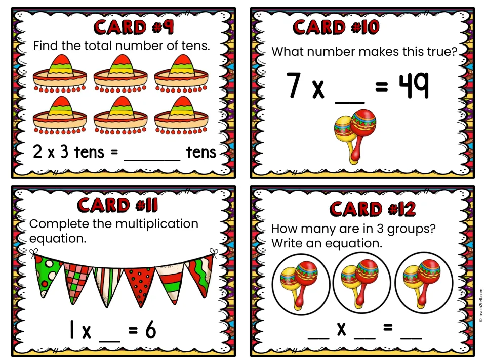Cards 9-12: students find 2 x 3 tens, solve 7 x _ = 49 and 1 x _ = 6, and write an equation for 3 maraca groups