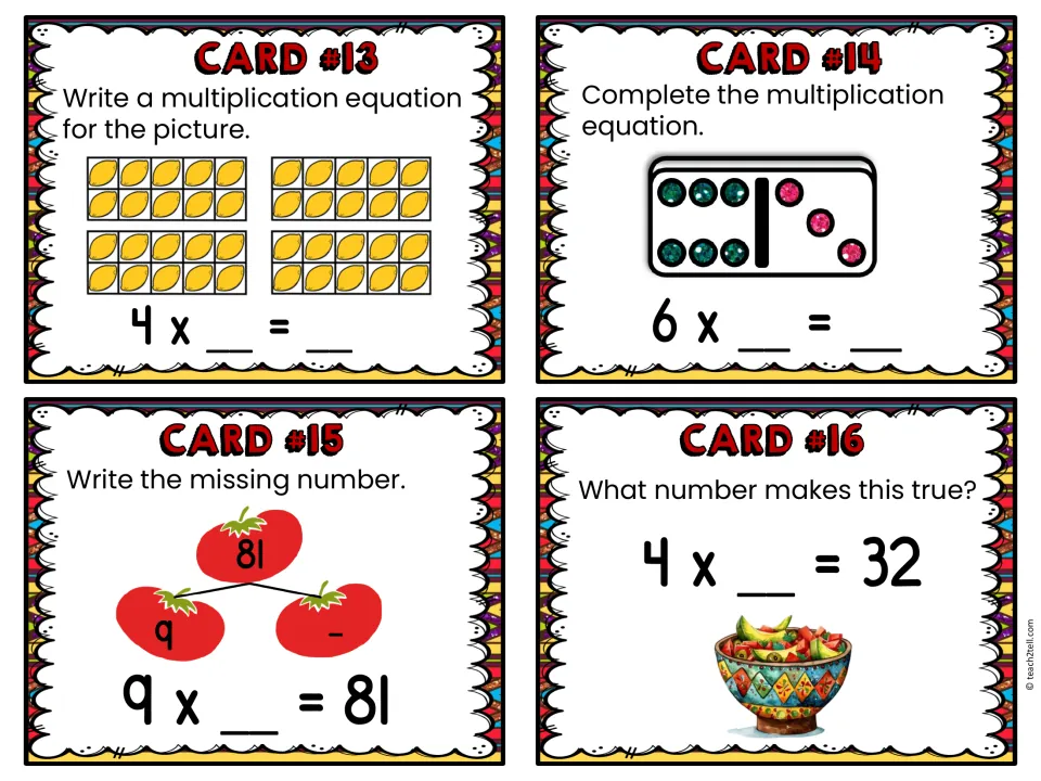 Cards 13-16: students model ten-frame lemons and a domino, then find missing factors in 9 x _ = 81 and 4 x _ = 32