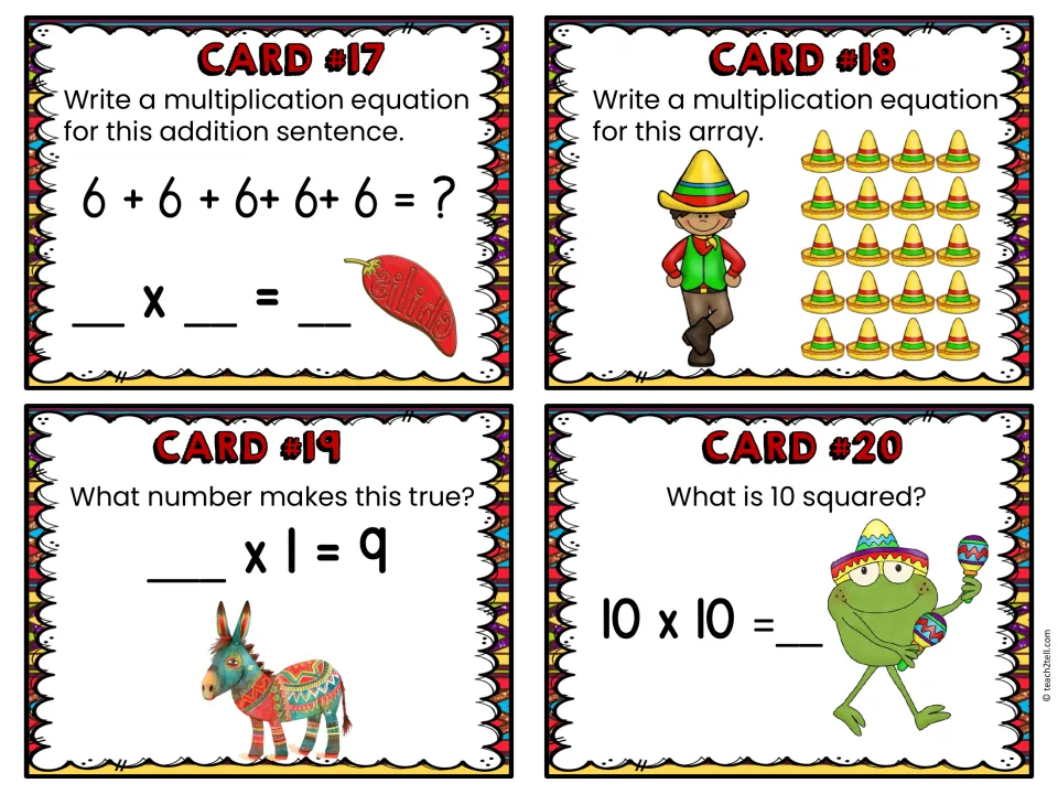 Cards 17-20: students rewrite 6+6+6+6+6 as multiplication, model a sombrero array, solve _ x 1 = 9 and 10 squared