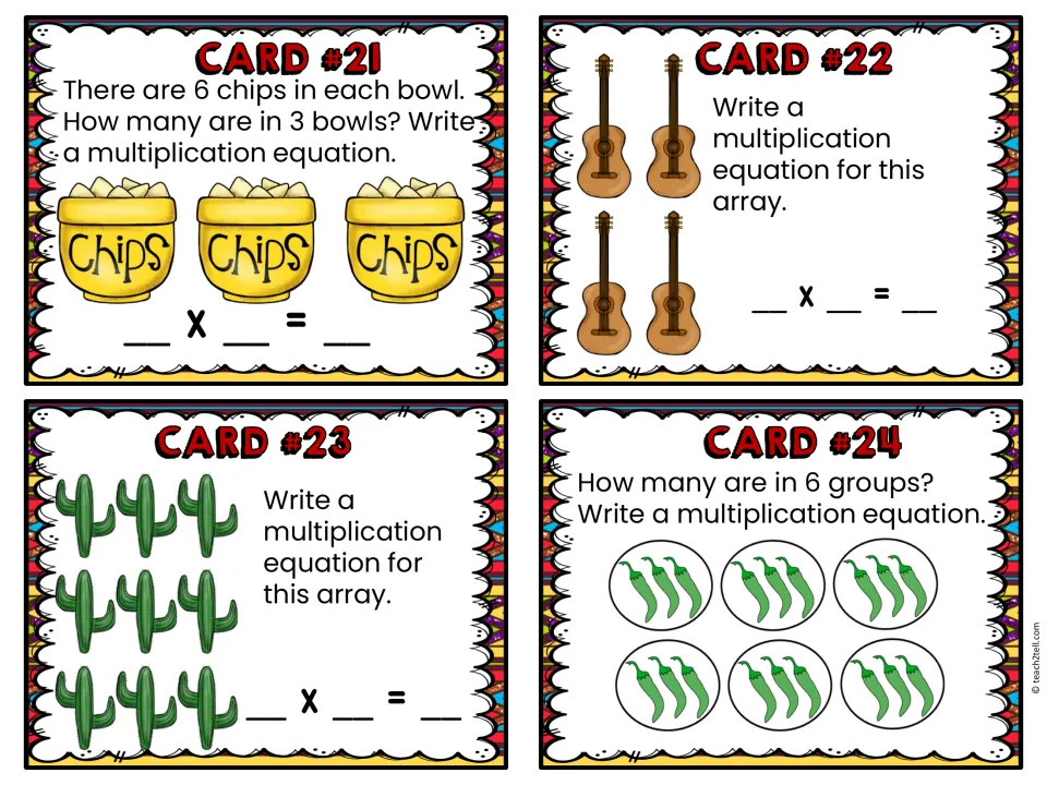 Cards 21-24: students solve 3 bowls of 6 chips, write equations for guitar and cactus arrays and 6 pepper groups
