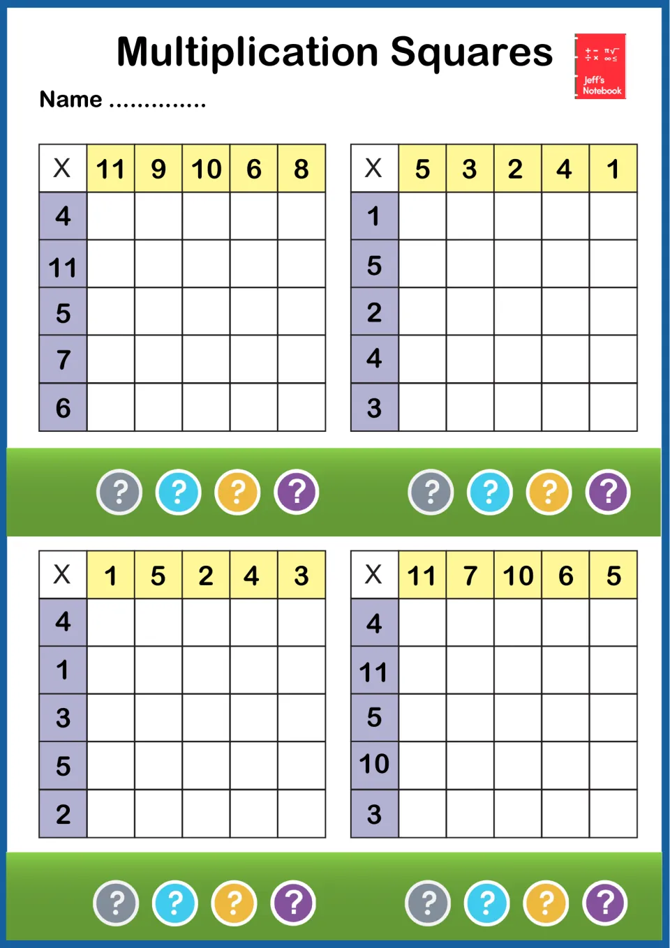 Multiplication Squares: students fill in four 5-by-5 times tables, multiplying mixed factors from 1 to 11