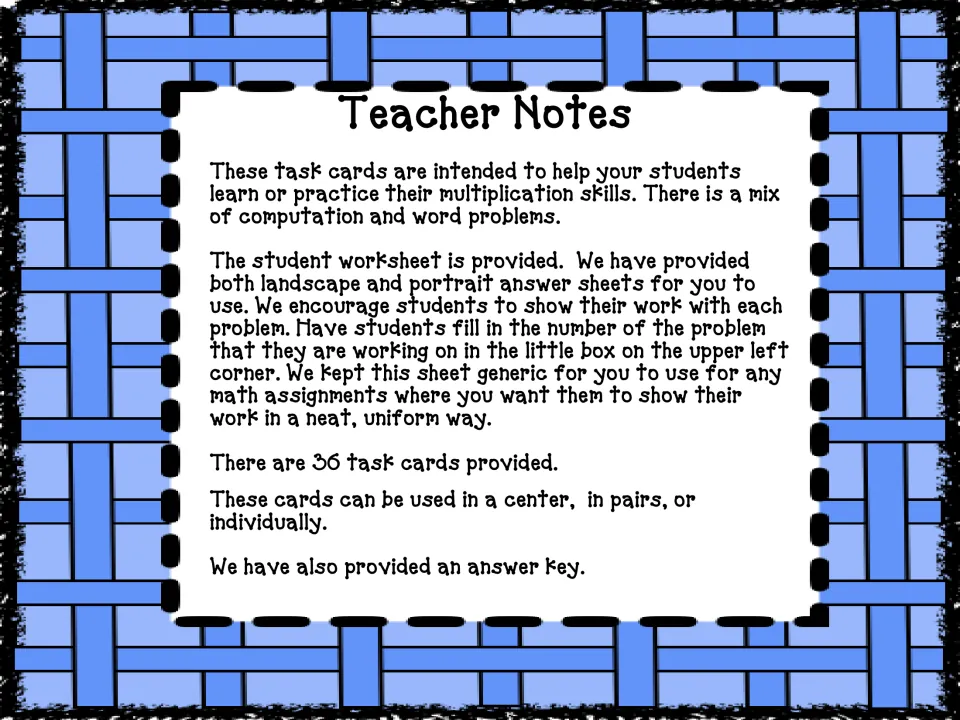 Teacher notes for 36 multiplication task cards explain answer sheets, showing work, and center or partner use.