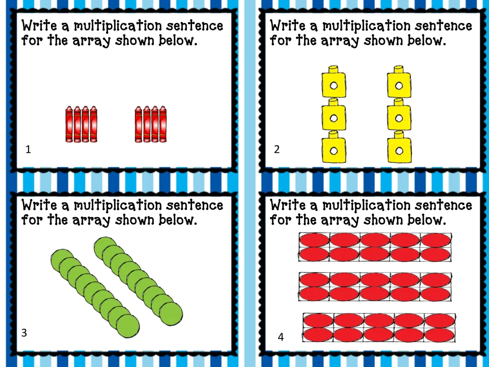 Multiplication cards 1–4 ask students to write sentences for arrays of crayons, yellow blocks, and counters.