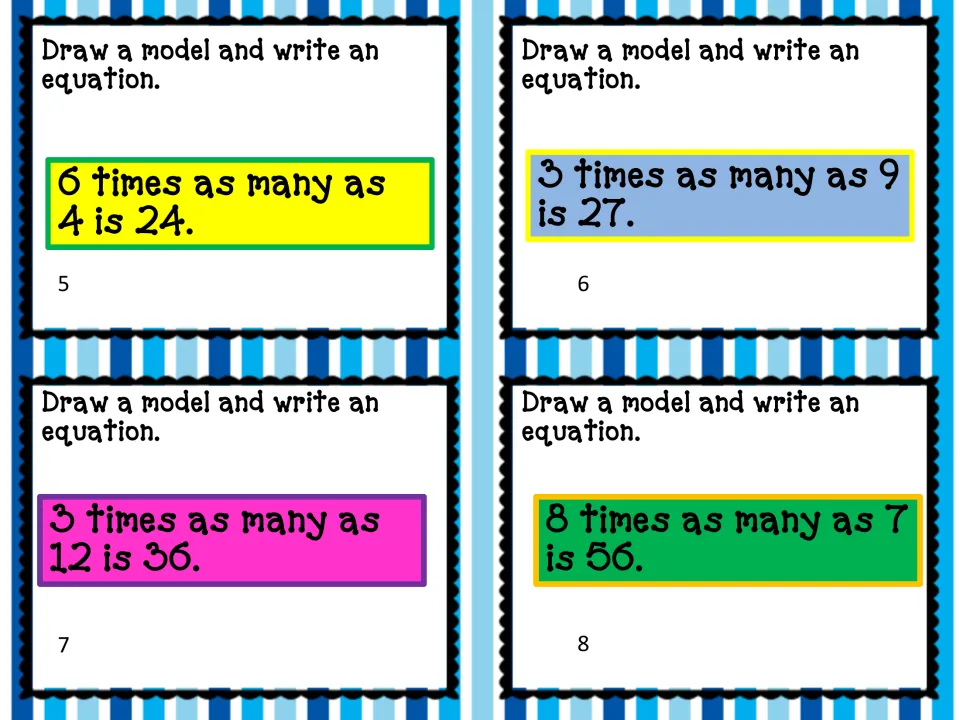 Multiplication cards 5–8 ask for models and equations: 6 times 4, 3 times 9, 3 times 12, and 8 times 7.