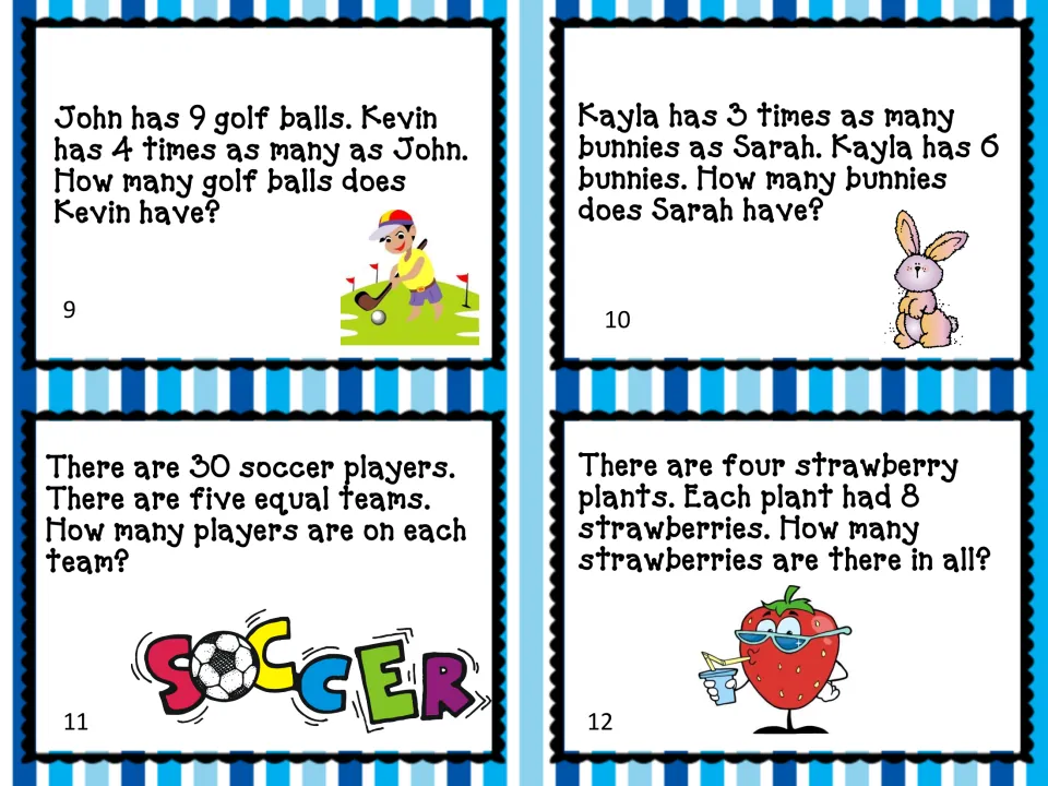 Multiplication practice cards 9–12 feature word problems about golf balls, bunnies, soccer teams, and strawberries.