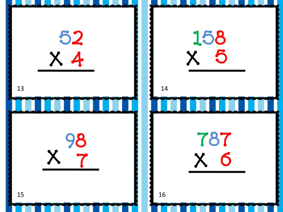 Multiplication cards 13–16 give four computation problems: 52 × 4, 158 × 5, 98 × 7, and 787 × 6.