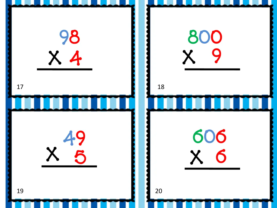 Multiplication cards 17–20 give four computation problems: 98 × 4, 800 × 9, 49 × 5, and 606 × 6.