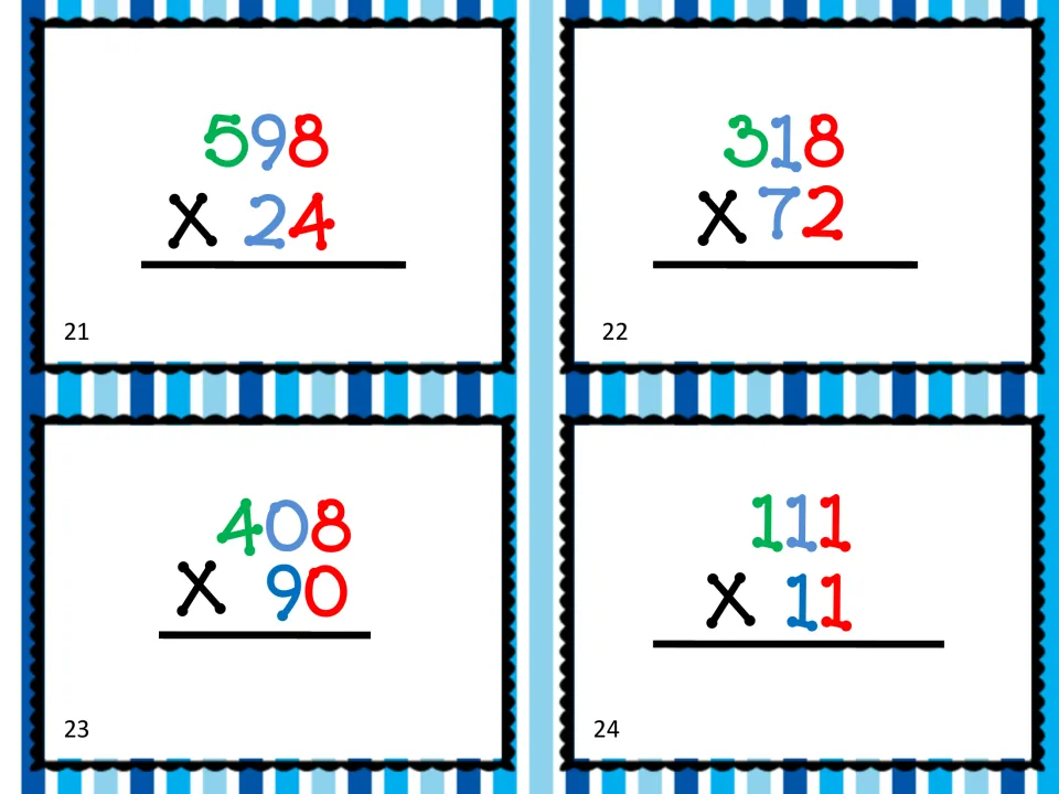 Multiplication cards 21–24 give four computation problems: 598 × 24, 318 × 72, 408 × 90, and 111 × 11.