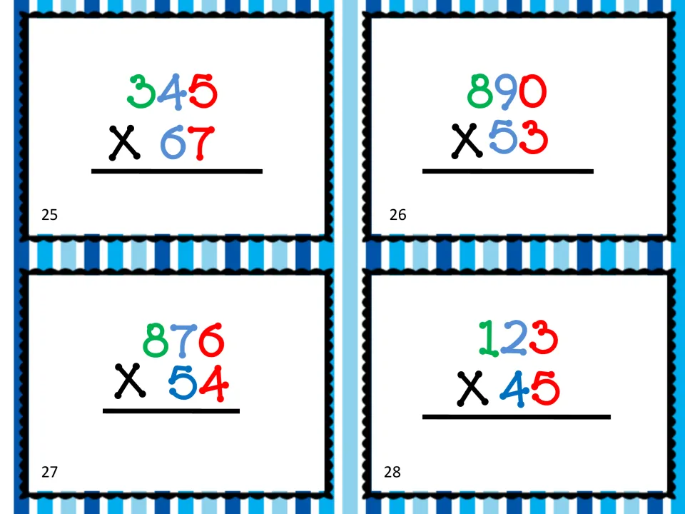 Multiplication cards 25–28 give four computation problems: 345 × 67, 890 × 53, 876 × 54, and 123 × 45.