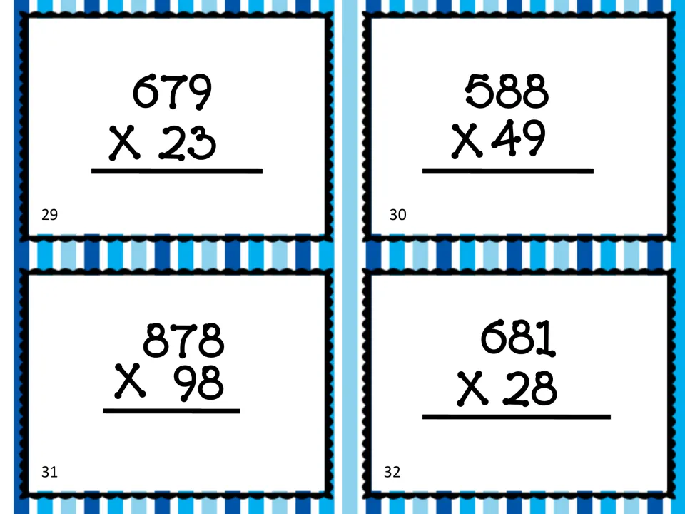 Multiplication cards 29–32 give four computation problems: 679 × 23, 588 × 49, 878 × 98, and 681 × 28.