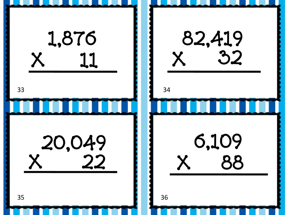 Multiplication cards 33–36 present larger products: 1,876 × 11, 82,419 × 32, 20,049 × 22, and 6,109 × 88.